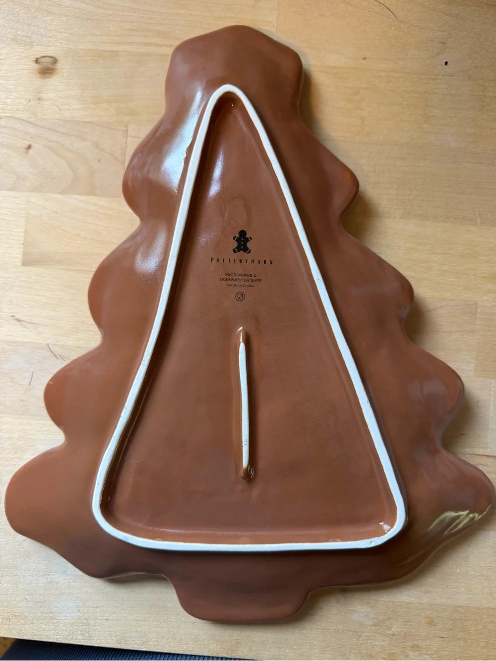 Pottery Barn Brown Ceramic Christmas Tree Platter with White Trim